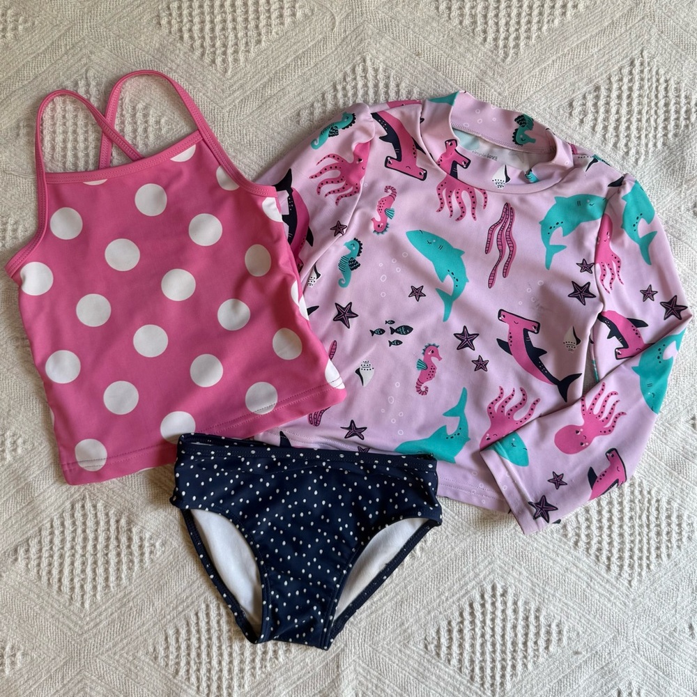 Carter’s 3 Piece Mix & Match Polka Dots & Sea Creatures Toddler Girl Swim Set 4T